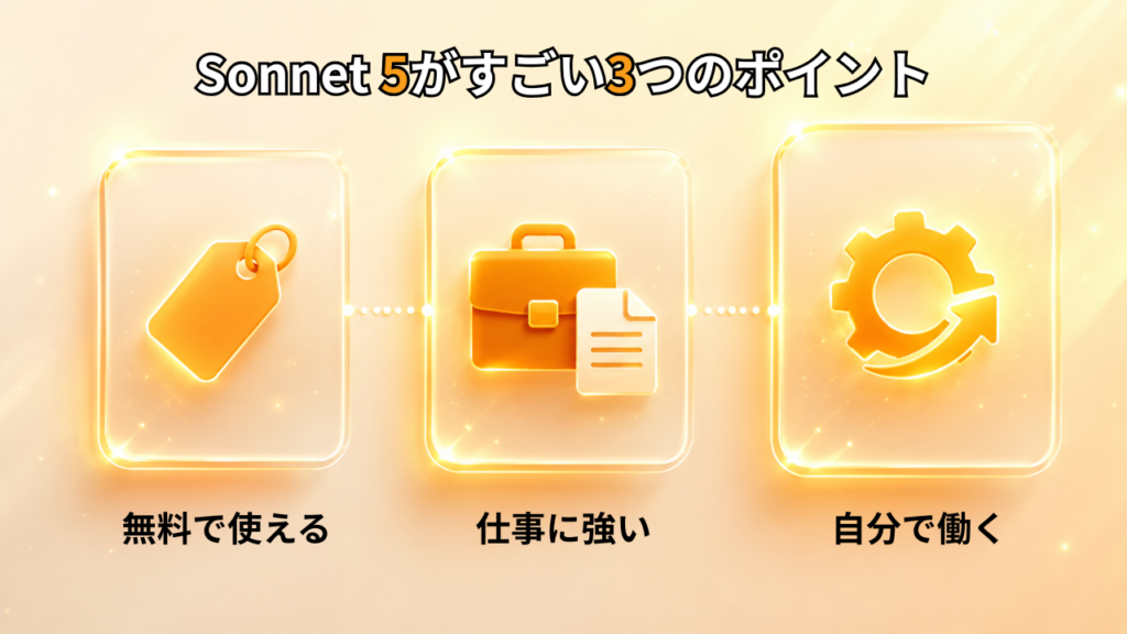 Claude Sonnet 5がすごい3つのポイントを表すインフォグラフィック