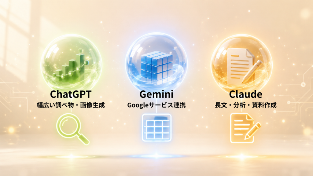 ChatGPT・Gemini・Claudeの使い分けを表すイメージ図