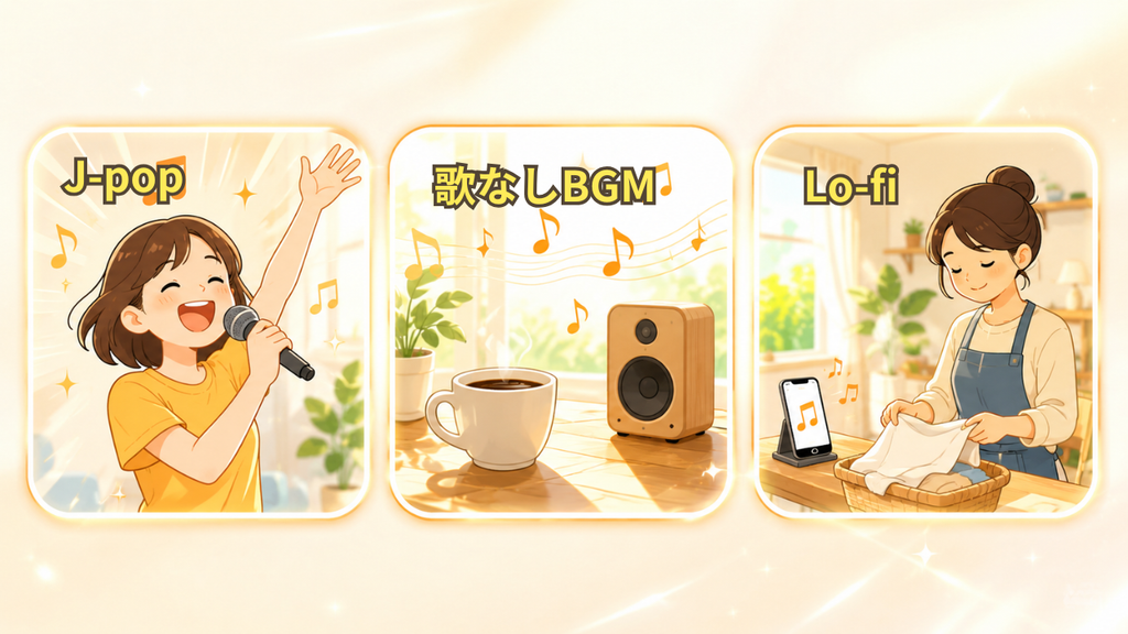 SunoでのJ-pop・歌なしBGM・Lo-fiの作り方を表すイラスト
