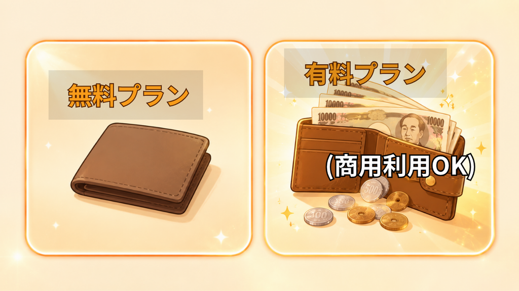 Suno無料プランと有料プランの商用利用の違いを表す図
