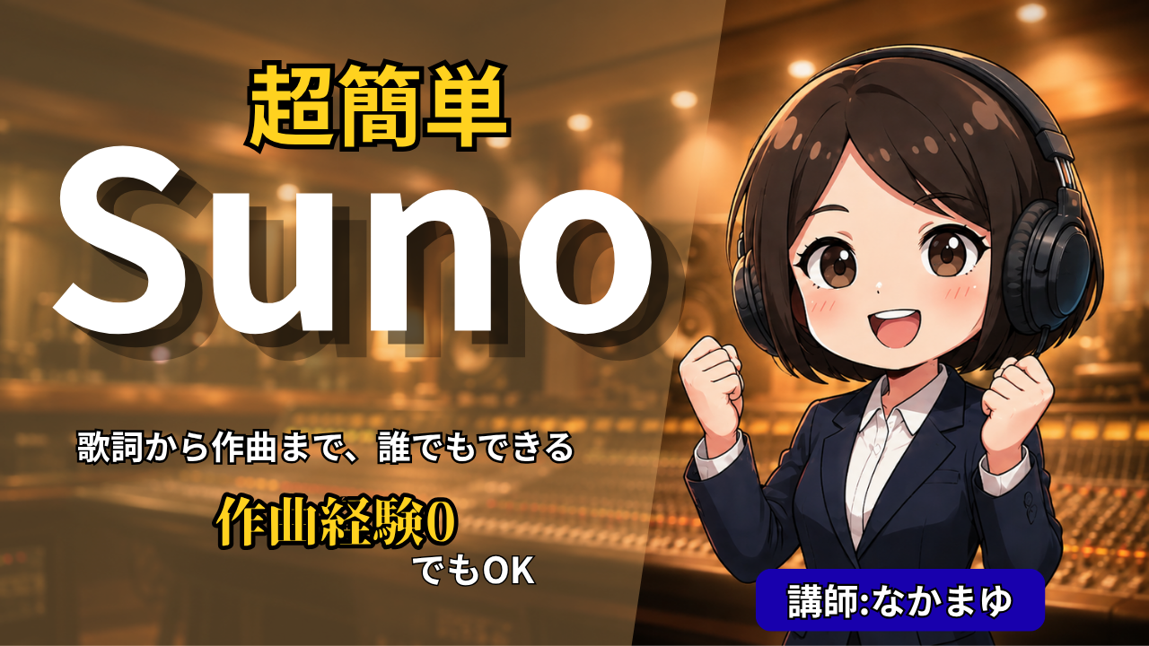 Suno使い方とChatGPTでの歌詞作りを解説するAIスクール講師なかまゆのアイキャッチ画像